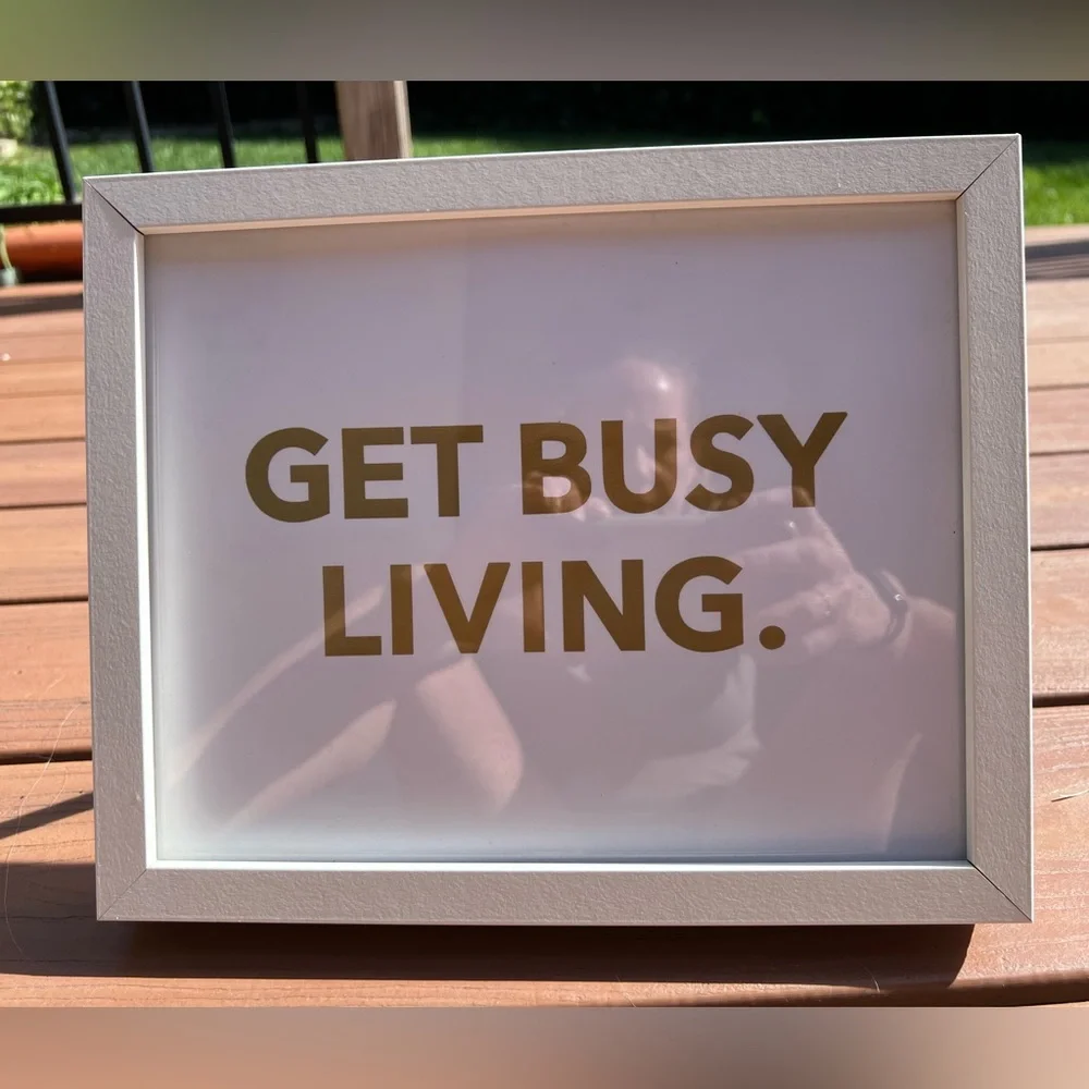 9x11” framed ‘get busy living’ saying in gold font.